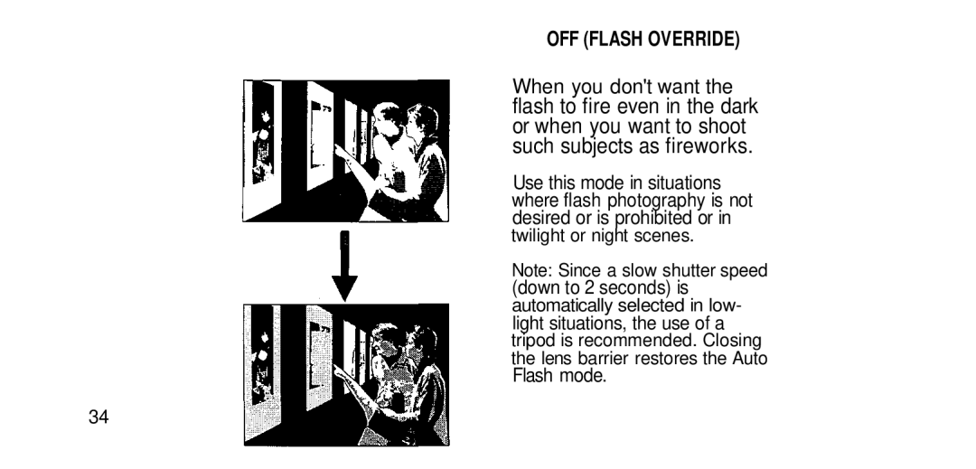 Olympus RC-200 manual OFF Flash Override, Twilight or night scenes Down to 2 seconds is, Flash mode 