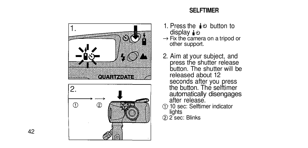 Olympus RC-200 manual Selftimer, Press the button to display, Fix the camera on a tripod or other support 