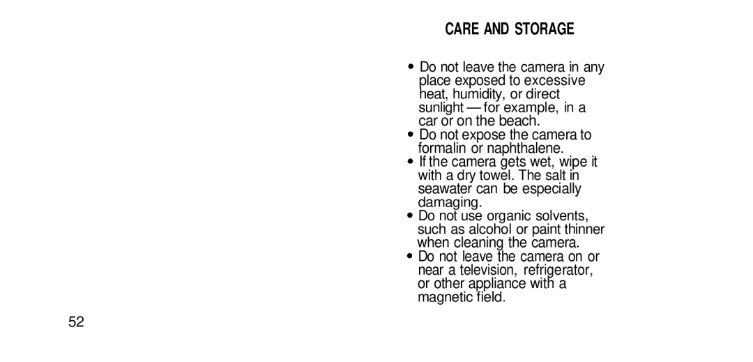 Olympus RC-200 manual Care and Storage, Do not leave the camera in any Place exposed to excessive, Car or on the beach 