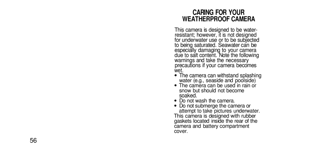 Olympus RC-200 manual Caring for Your Weatherproof Camera, Camera can withstand splashing 