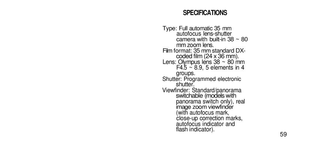 Olympus RC-200 manual Specifications, Image zoom viewfinder 