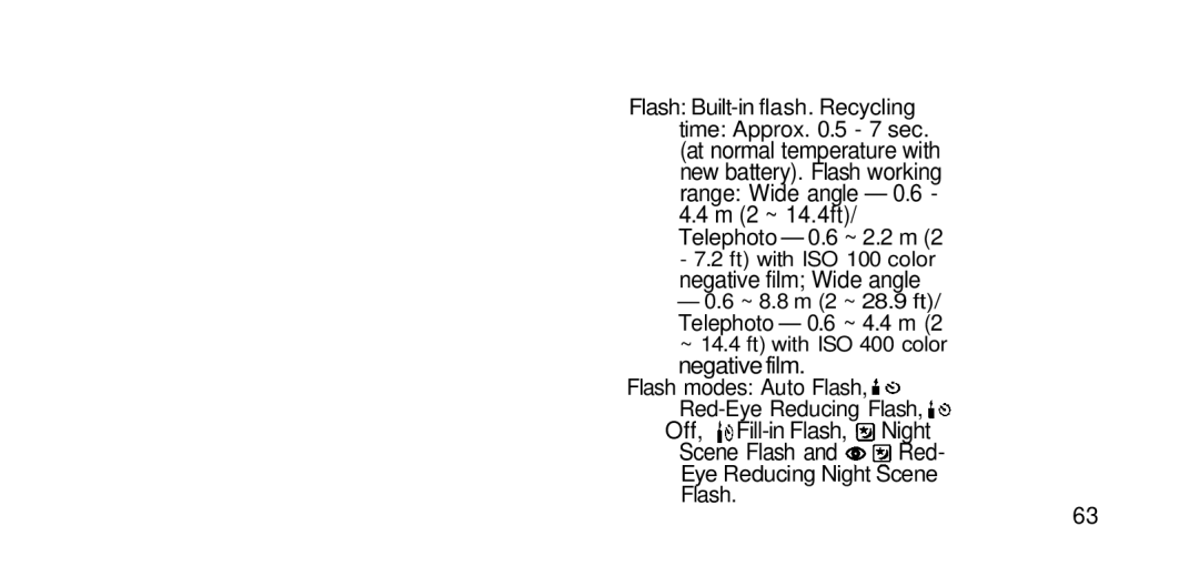 Olympus RC-200 manual Off, Fill-in Flash Night, Eye Reducing Night Scene Flash 