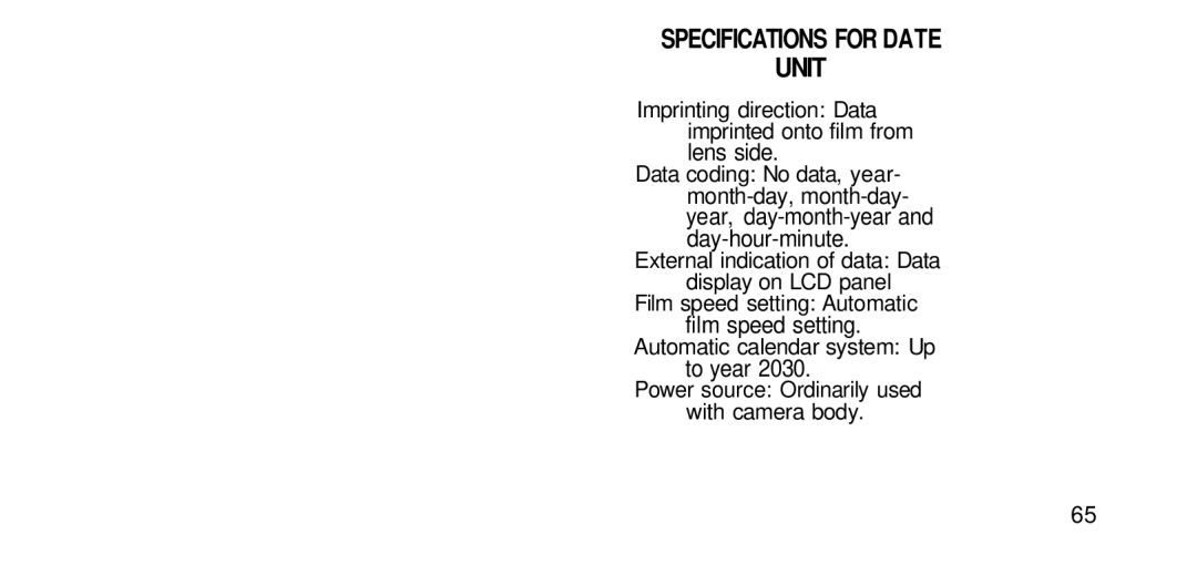 Olympus RC-200 manual Specifications Fordate Unit, Lens side, Film speed setting Automatic calendar system Up To year 