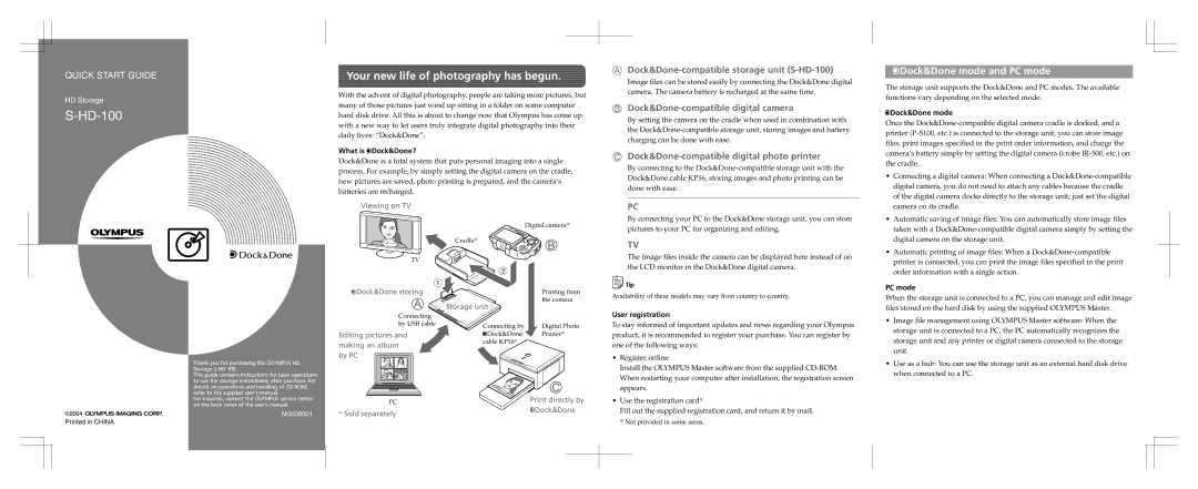 Olympus S-HD-100 quick start Your new life of photography has begun, QDock&Done mode and PC mode 