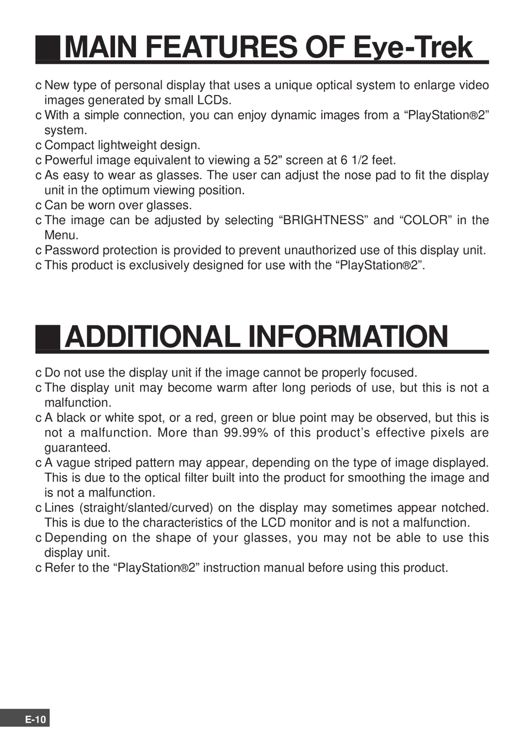 Olympus SCPH-10130U instruction manual Main Features of Eye-Trek, Additional Information 