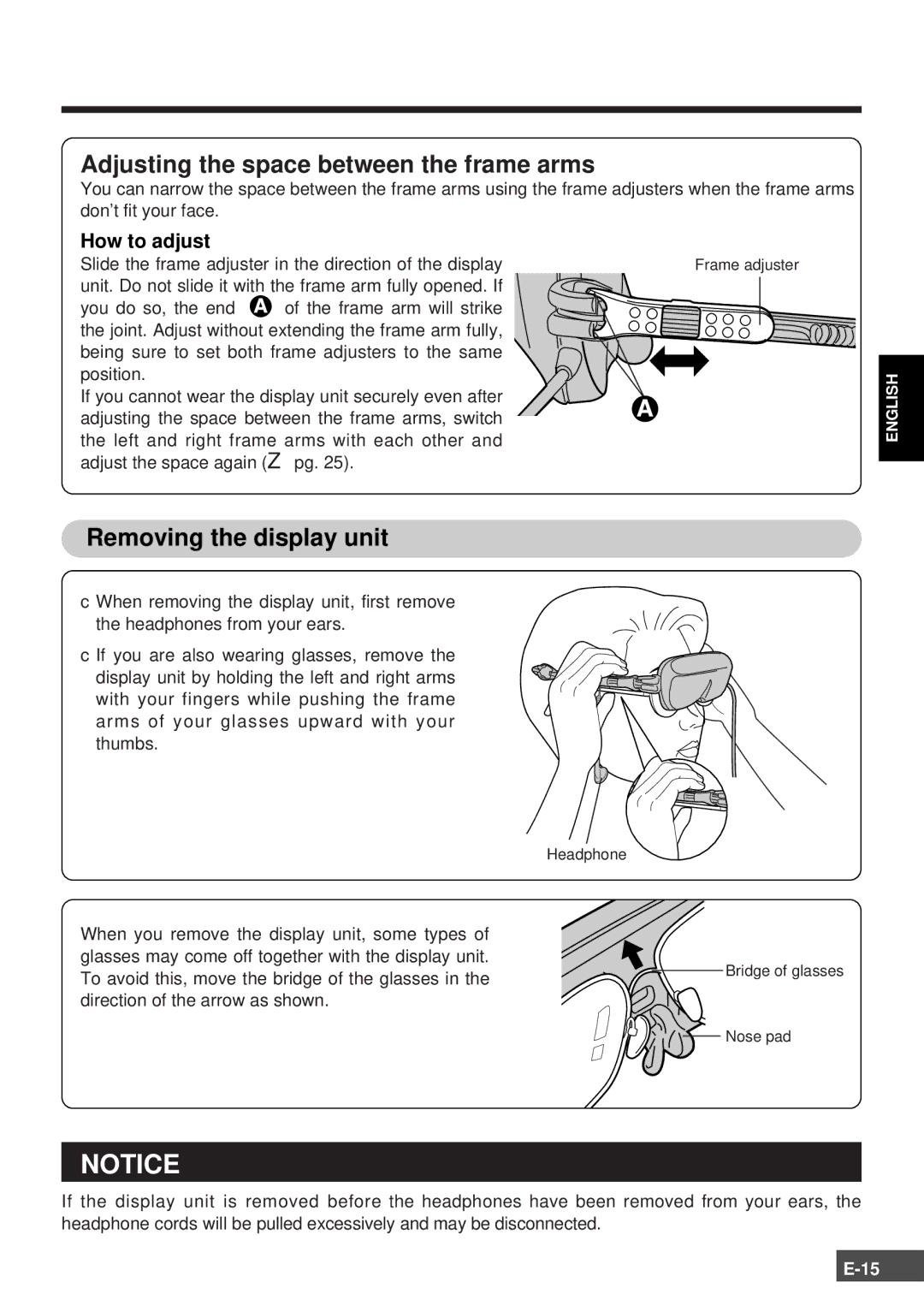 Olympus SCPH-10130U instruction manual Adjusting the space between the frame arms, Removing the display unit, How to adjust 