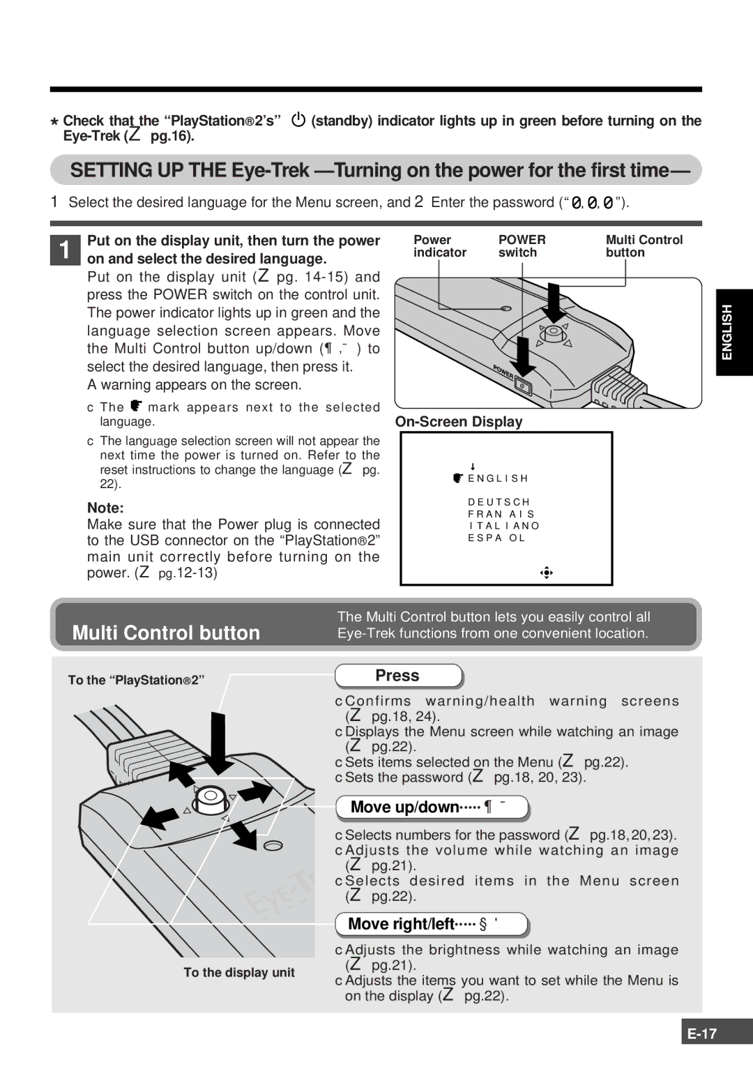 Olympus SCPH-10130U Press, Move up/down, Move right/left, On and select the desired language, On-Screen Display 