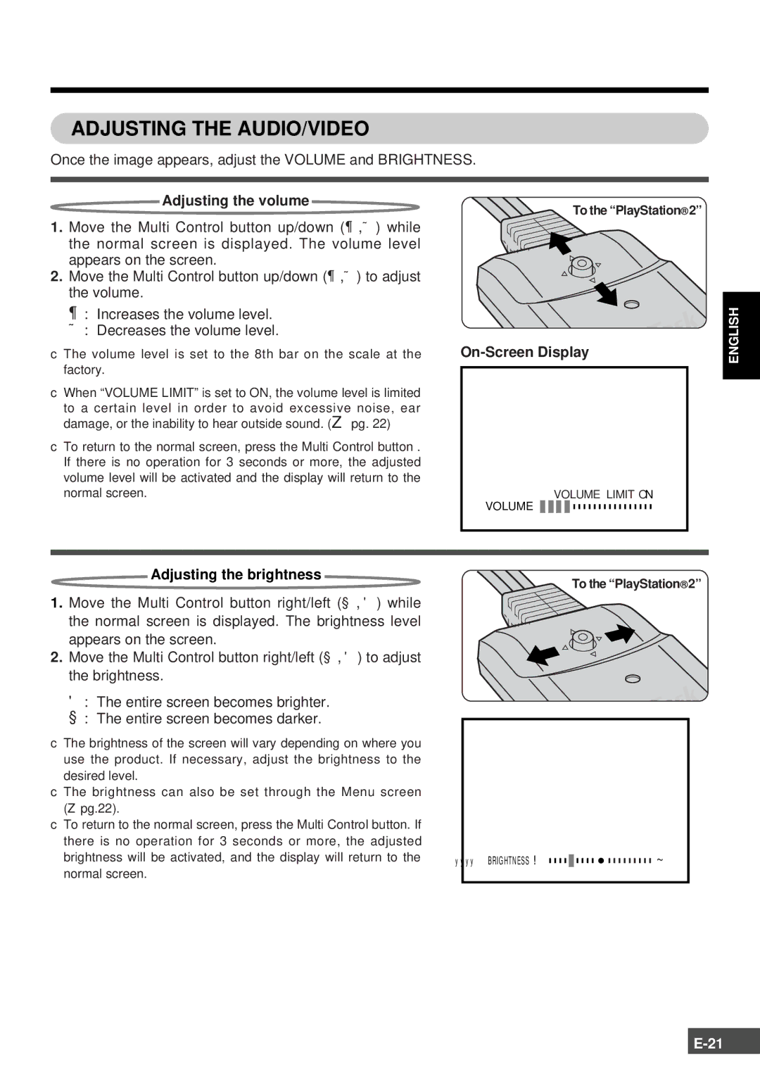 Olympus SCPH-10130U instruction manual Adjusting the volume, Adjusting the brightness 