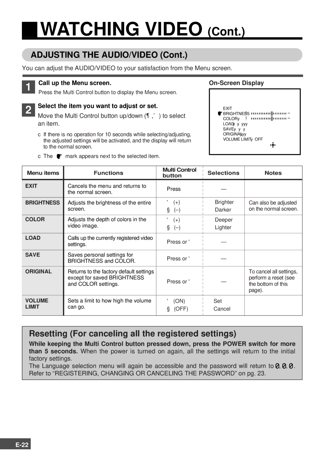 Olympus SCPH-10130U instruction manual Adjusting the AUDIO/VIDEO, Resetting For canceling all the registered settings 