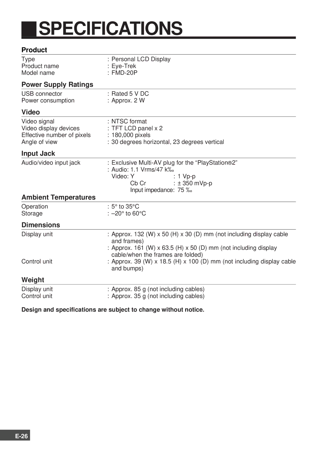 Olympus SCPH-10130U instruction manual Specifications 