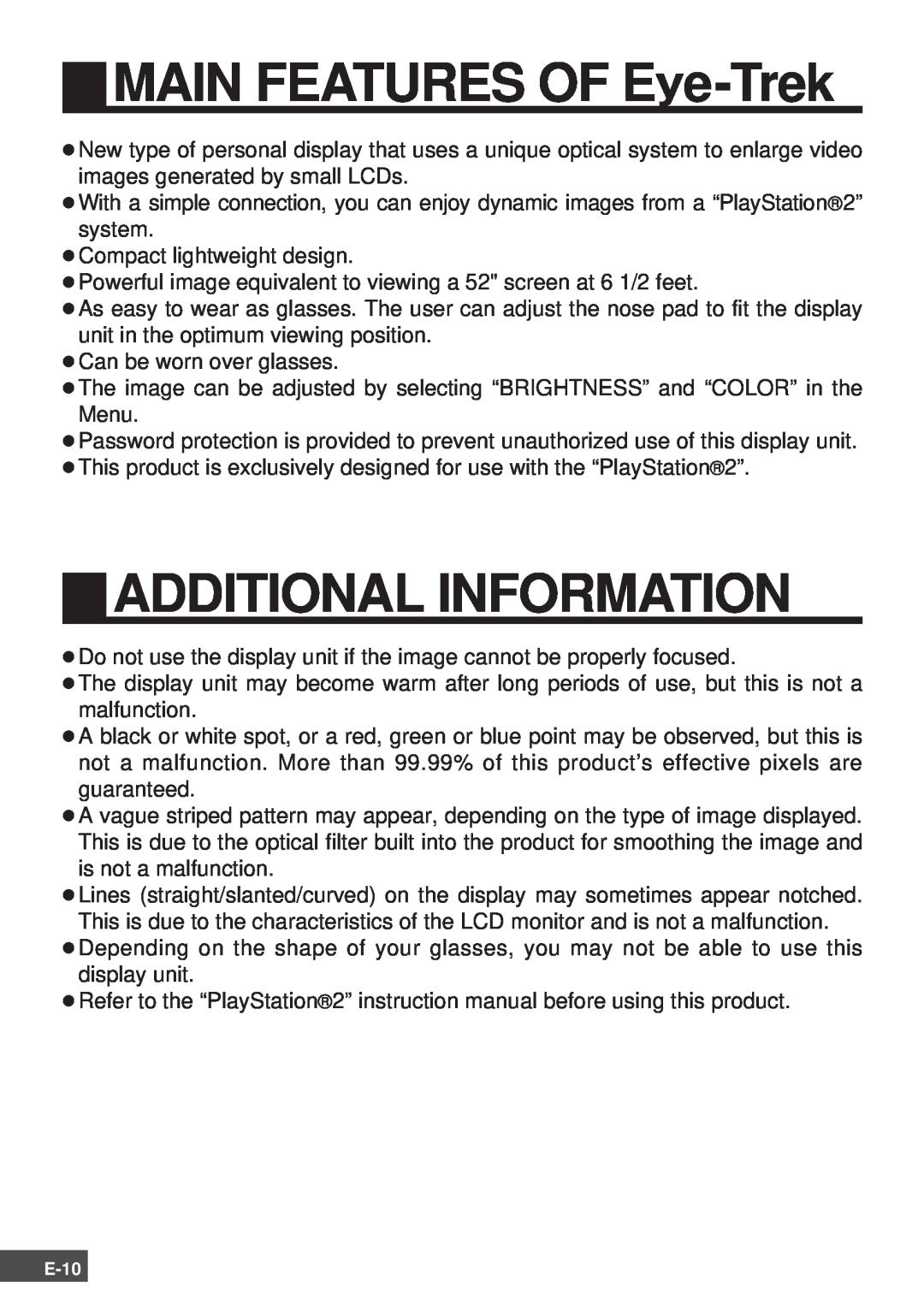 Olympus SCPH-10130U instruction manual MAIN FEATURES OF Eye-Trek, Additional Information 