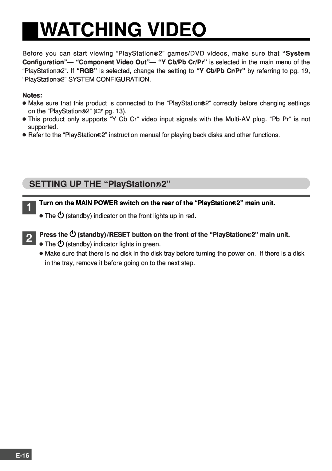Olympus SCPH-10130U instruction manual Watching Video, SETTING UP THE “PlayStation 2”, E-16 