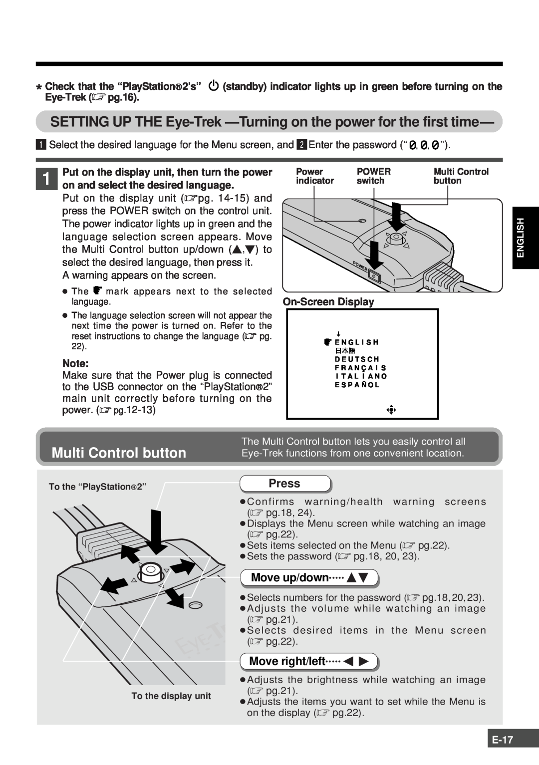 Olympus SCPH-10130U instruction manual Multi Control button, Press, Move up/down, Move right/left, E-17 