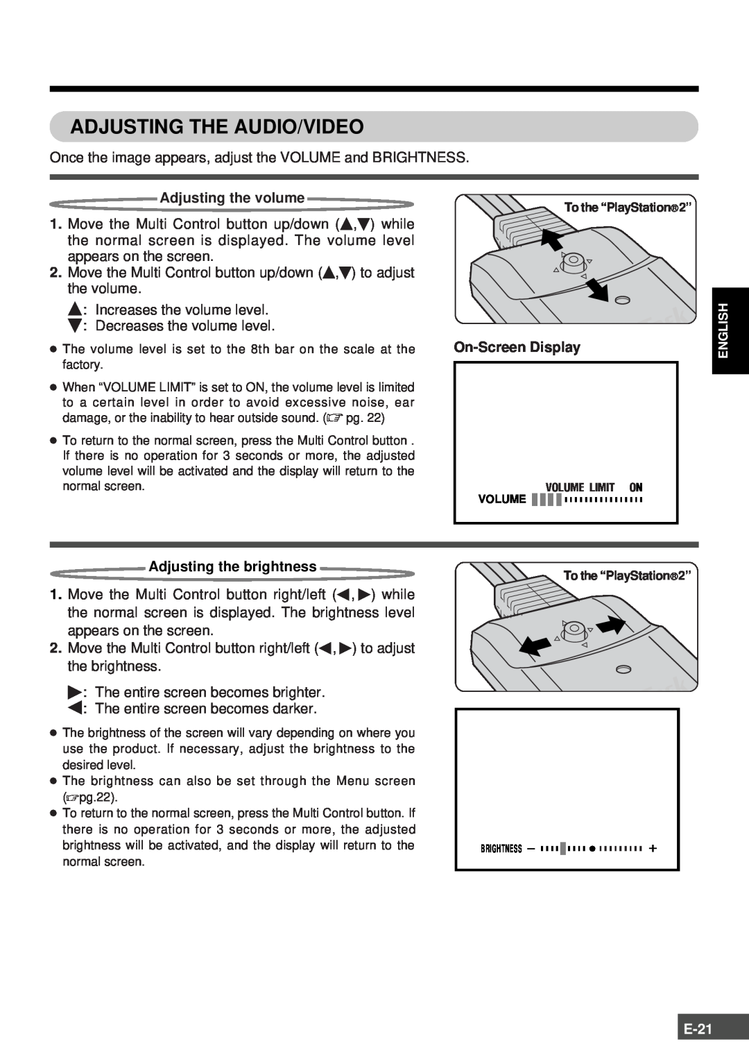 Olympus SCPH-10130U instruction manual Adjusting The Audio/Video, E-21 