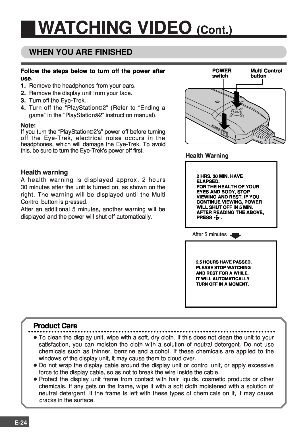 Olympus SCPH-10130U instruction manual WATCHING VIDEO Cont, When You Are Finished, Product Care, E-24 