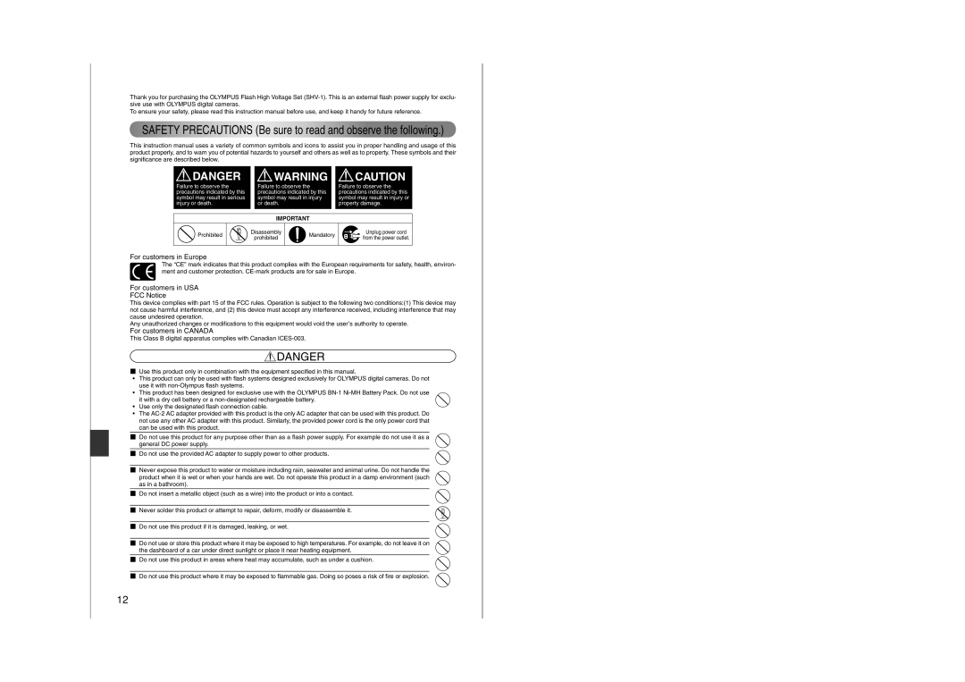 Olympus SHV-1 manual For customers in Europe, For customers in USA FCC Notice, For customers in Canada 