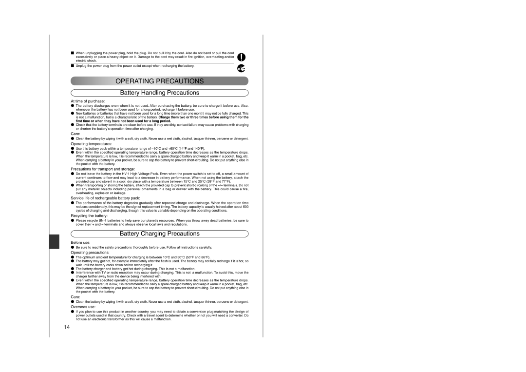 Olympus SHV-1 manual Battery Handling Precautions, Battery Charging Precautions 