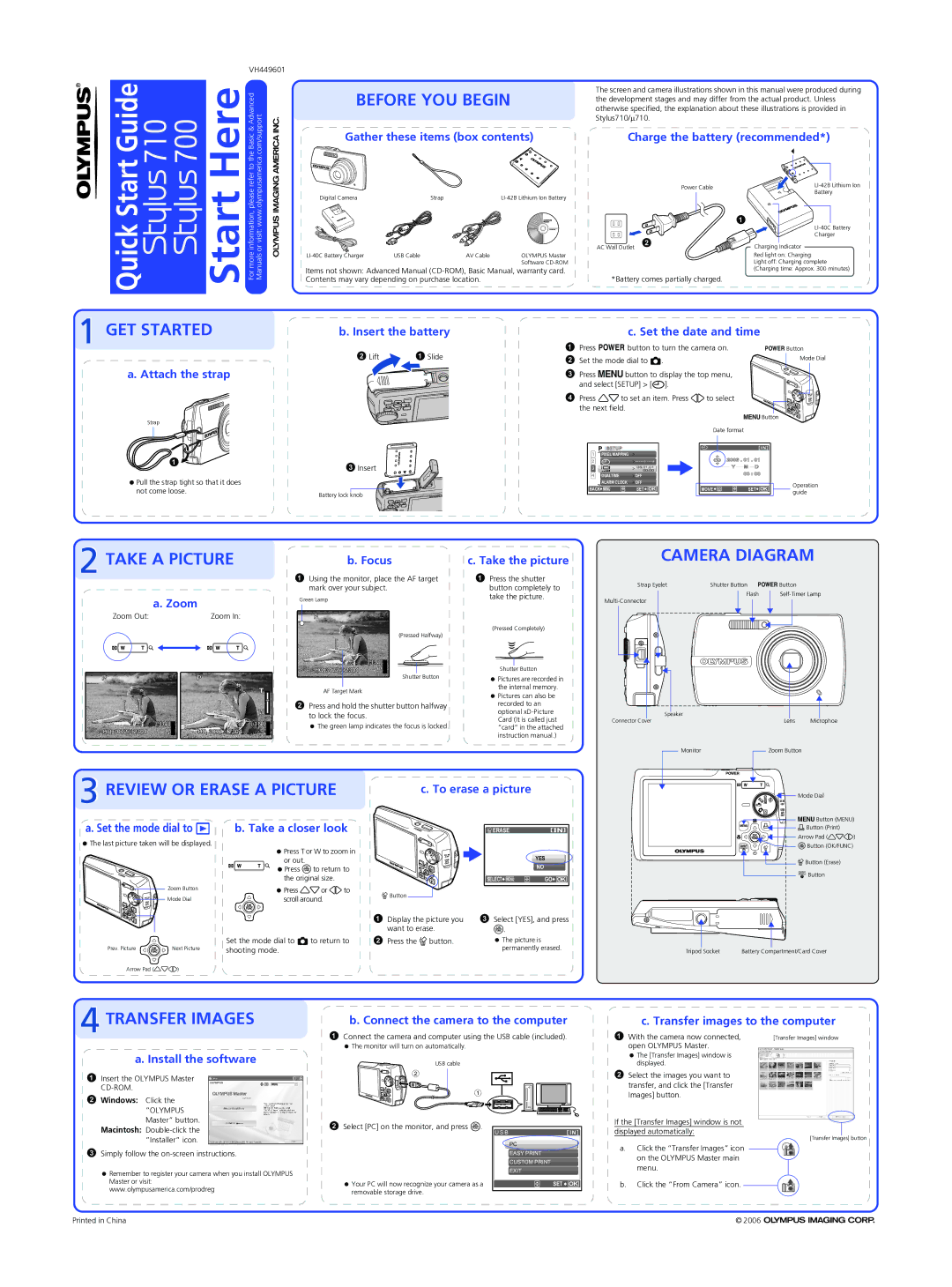 Olympus STYLUS 700 quick start Before YOU Begin, GET Started, Take a Picture, Camera Diagram, Review or Erase a Picture 