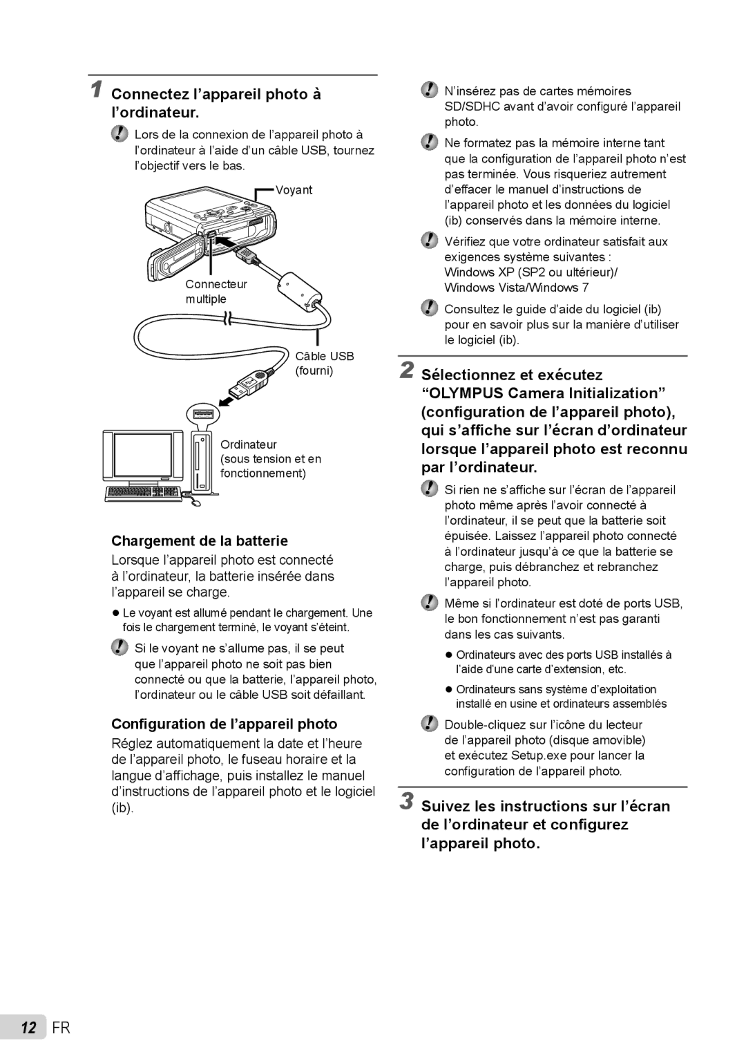 Olympus stylus tough-8010 /tough-8010 manual 12 FR, Connectez l’appareil photo à l’ordinateur, Chargement de la batterie 