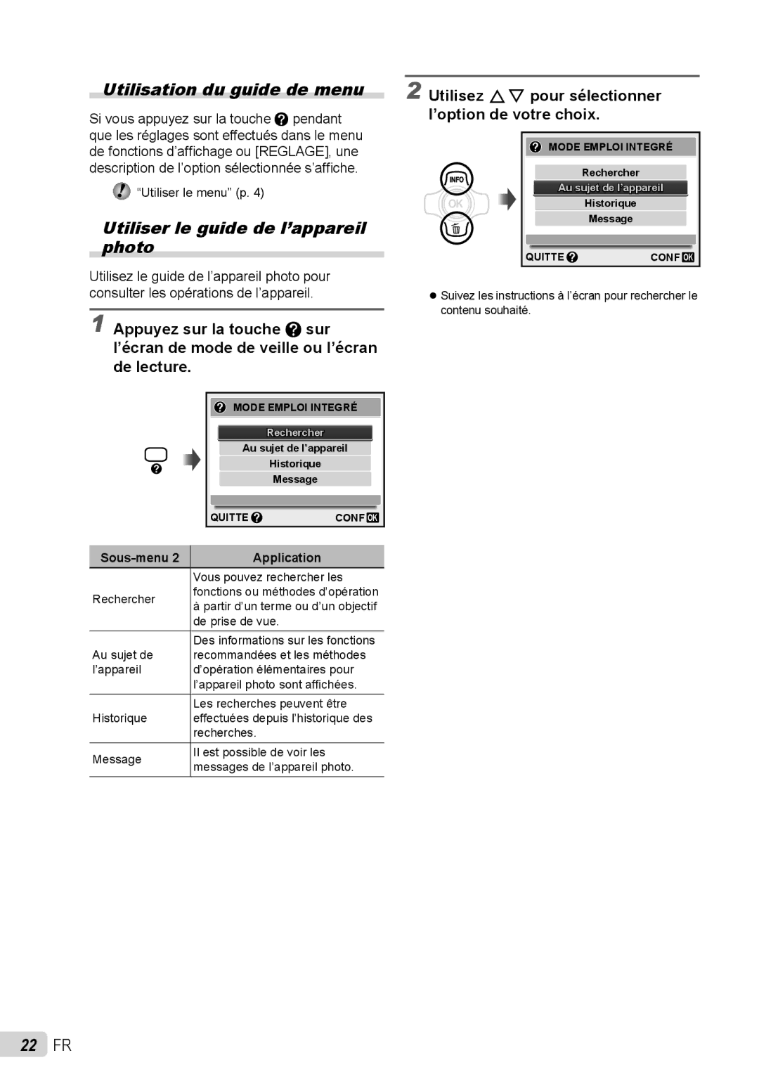 Olympus stylus tough-8010 /tough-8010 manual Utilisation du guide de menu, Utiliser le guide de l’appareil, Photo, 22 FR 