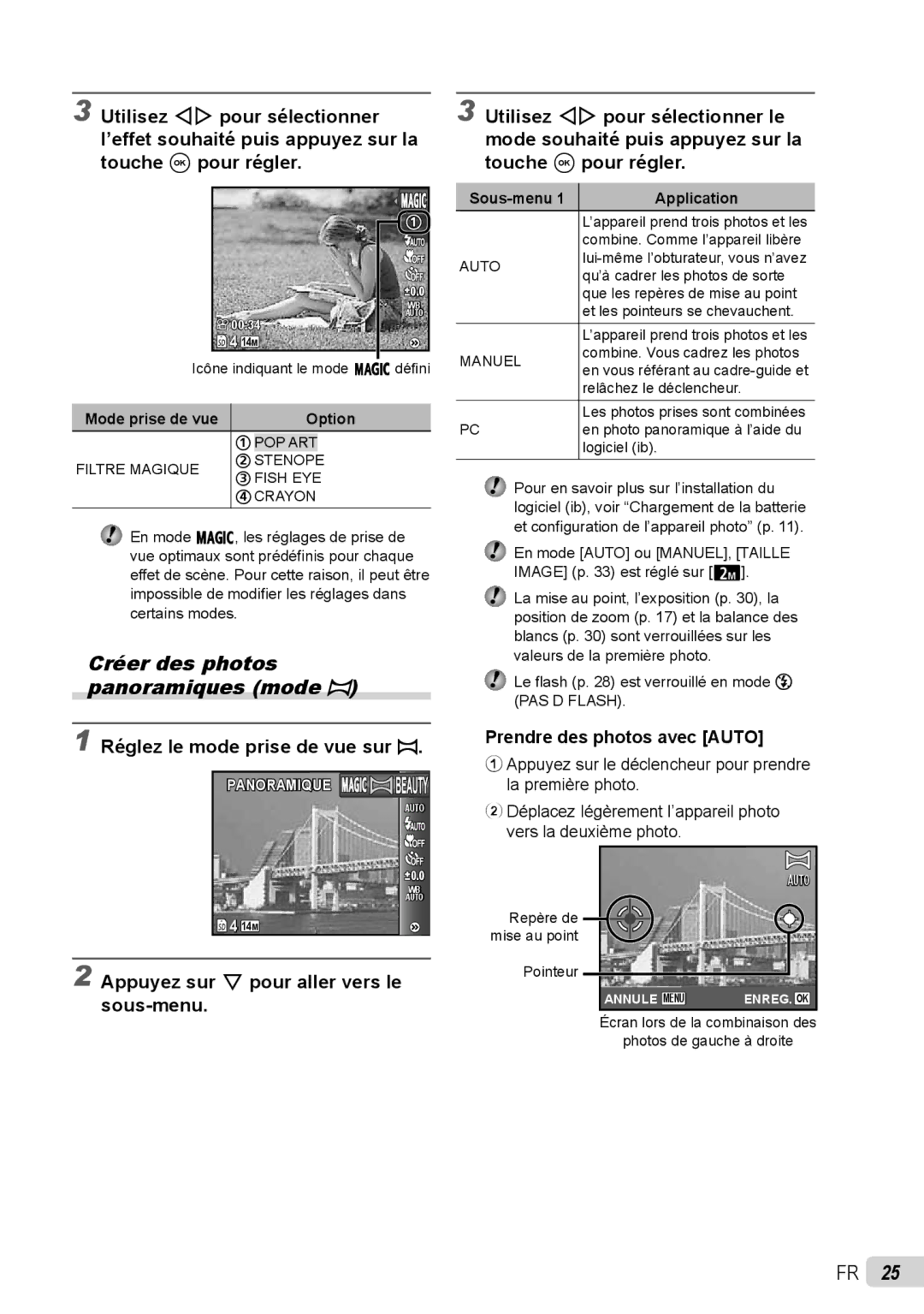 Olympus stylus tough-8010 /tough-8010 manual Créer des photos panoramiques mode p, Prendre des photos avec Auto 