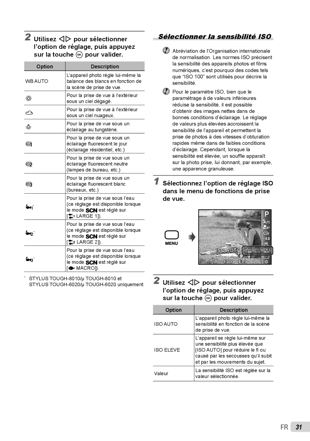 Olympus stylus tough-8010 /tough-8010 manual Sélectionner la sensibilité ISO, WB Auto, Hmacro, ISO Auto, ISO Eleve 