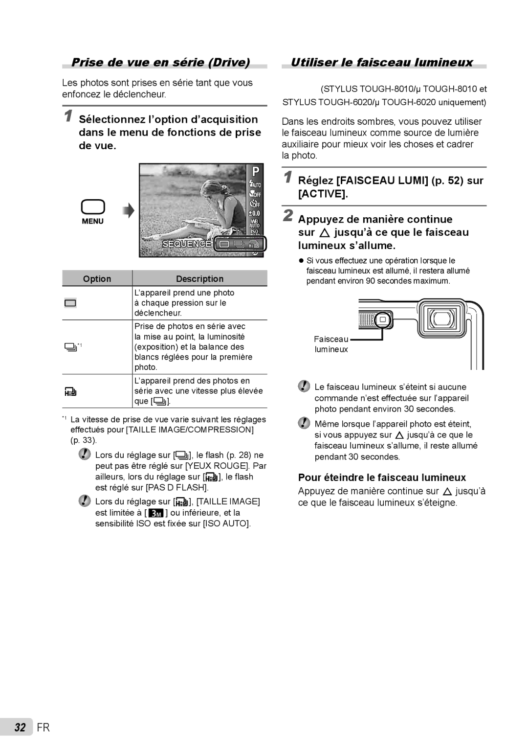 Olympus stylus tough-8010 /tough-8010 manual Prise de vue en série Drive, Utiliser le faisceau lumineux, 32 FR 