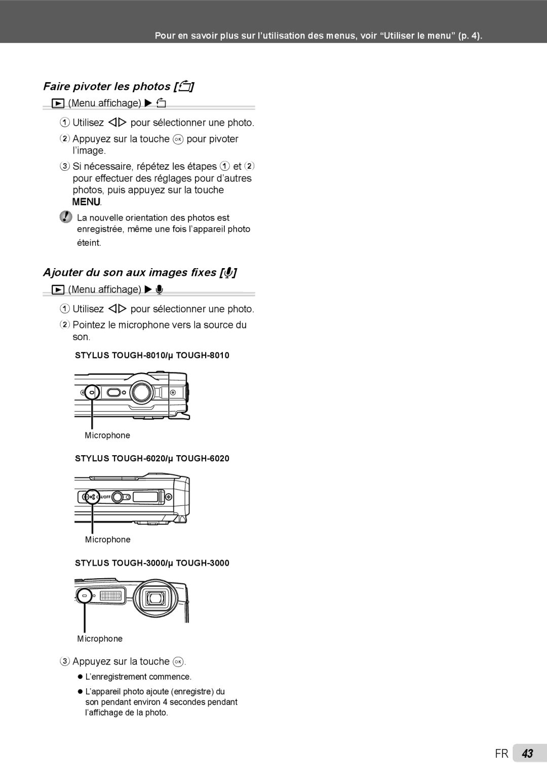 Olympus stylus tough-8010 /tough-8010 manual Faire pivoter les photos y, Ajouter du son aux images ﬁxes R 