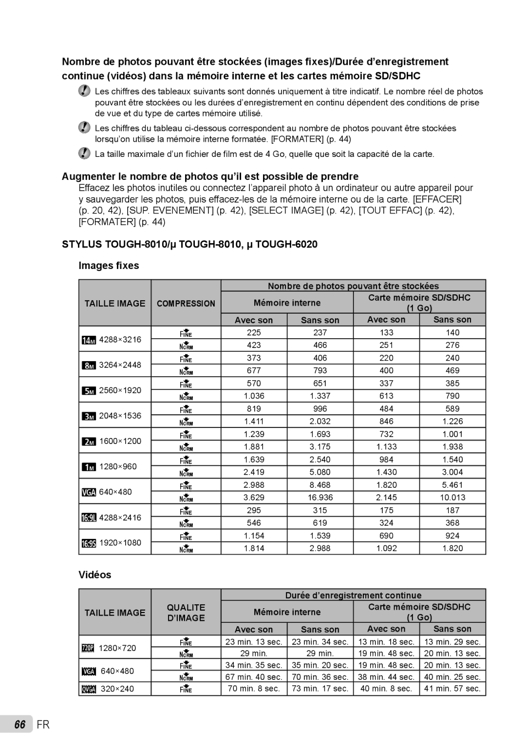 Olympus stylus tough-8010 /tough-8010 manual 66 FR, Augmenter le nombre de photos qu’il est possible de prendre, Vidéos 