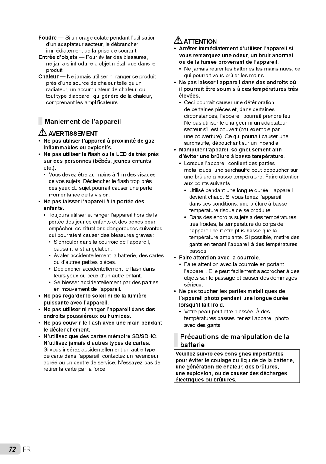 Olympus stylus tough-8010 /tough-8010 manual 72 FR, Maniement de l’appareil, Précautions de manipulation de la batterie 