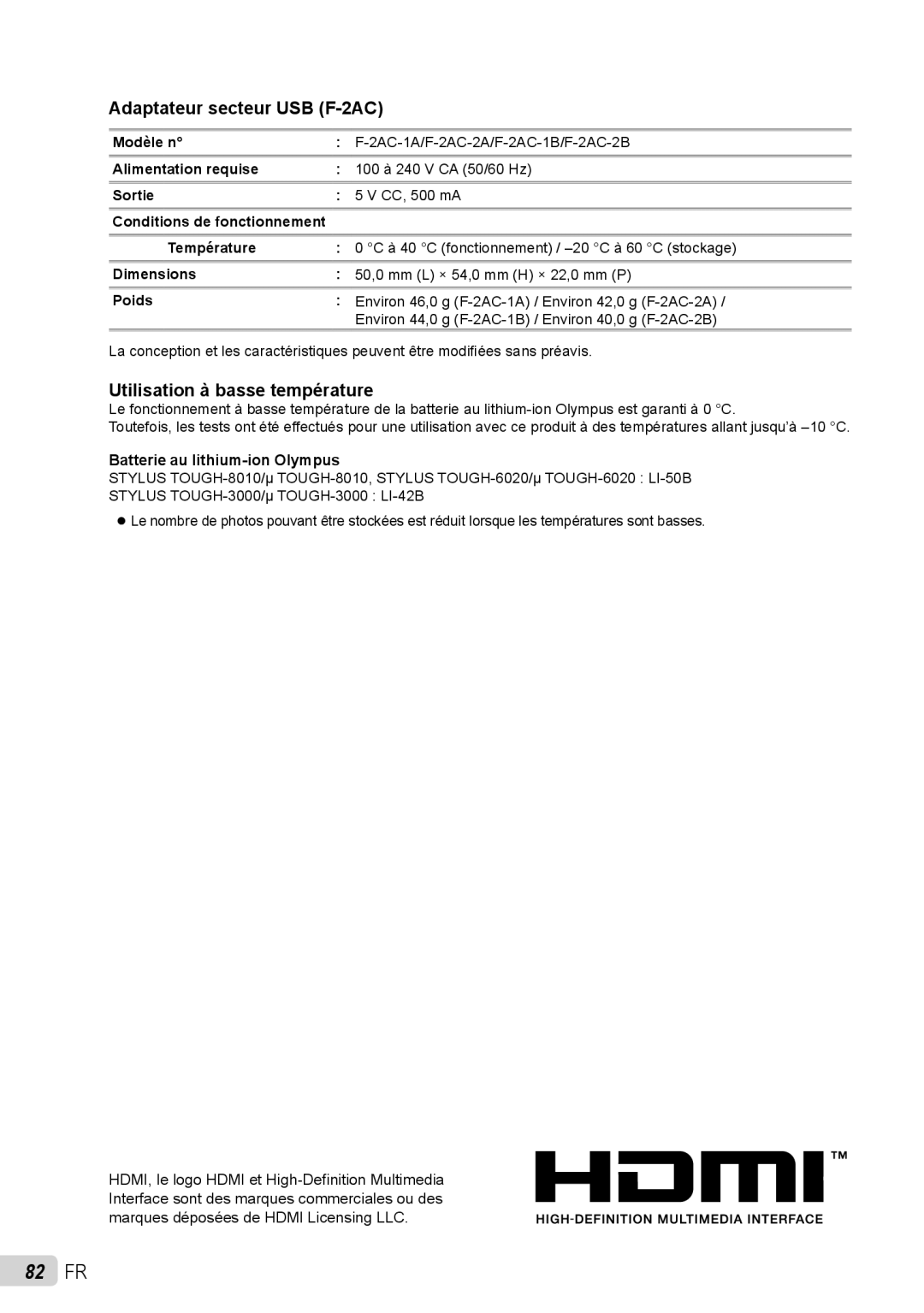 Olympus stylus tough-8010 /tough-8010 manual 82 FR, Adaptateur secteur USB F-2AC, Utilisation à basse température 