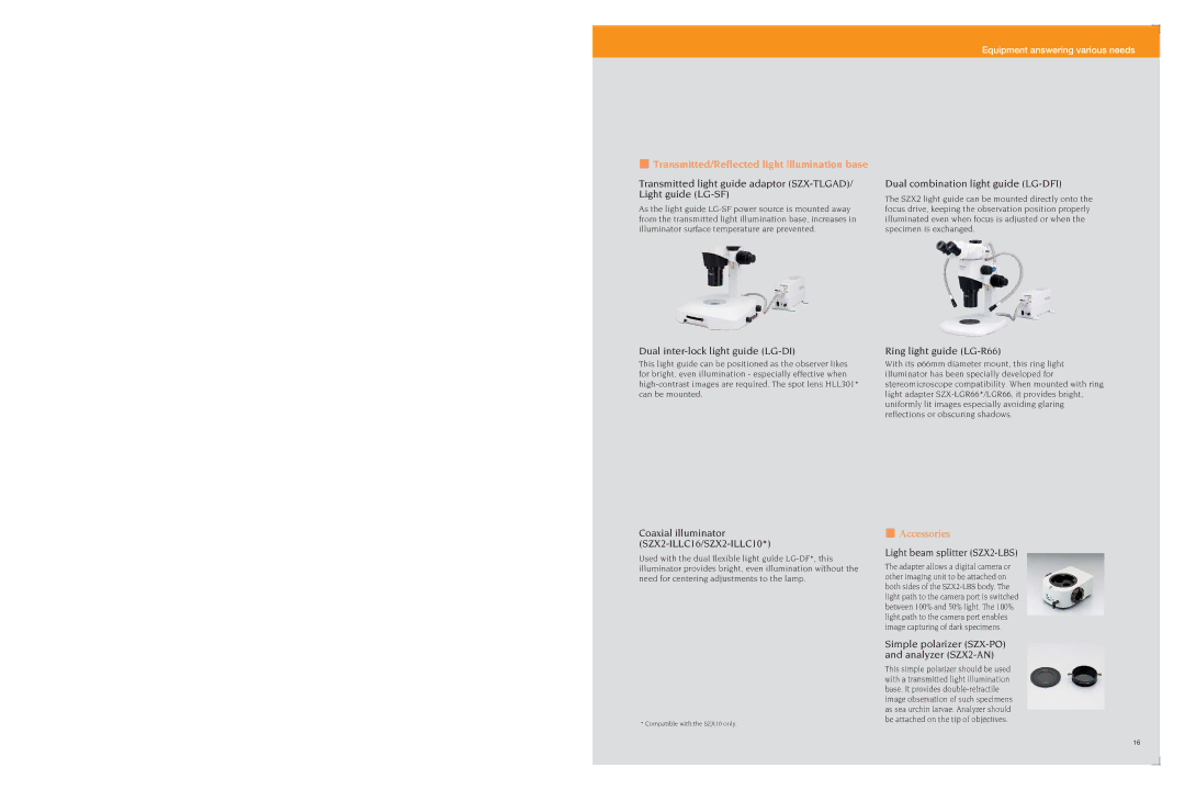 Olympus szx16 Dual inter-lock light guide LG-DI, Coaxial illuminator SZX2-ILLC16/SZX2-ILLC10, Ring light guide LG-R66 