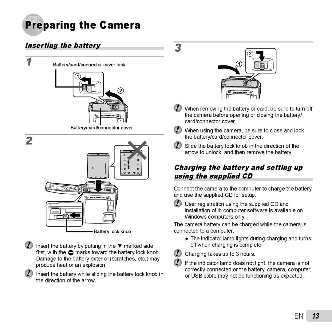 Olympus TG-320 Preparing the Camera, Inserting the battery, Charging the battery and setting up using the supplied CD 