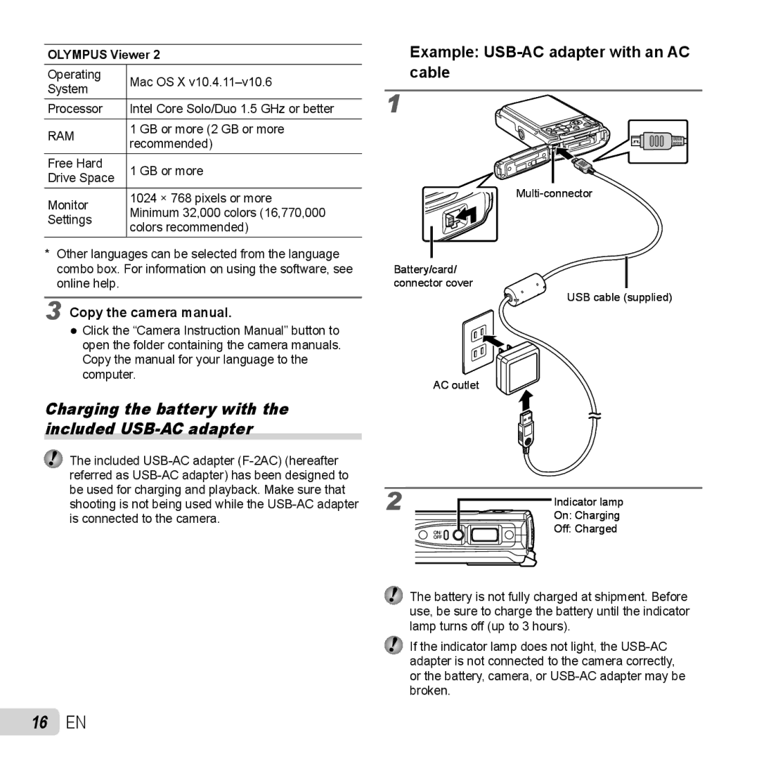 Olympus TG-320 instruction manual 16 EN, Example USB-AC adapter with an AC cable, Copy the camera manual 