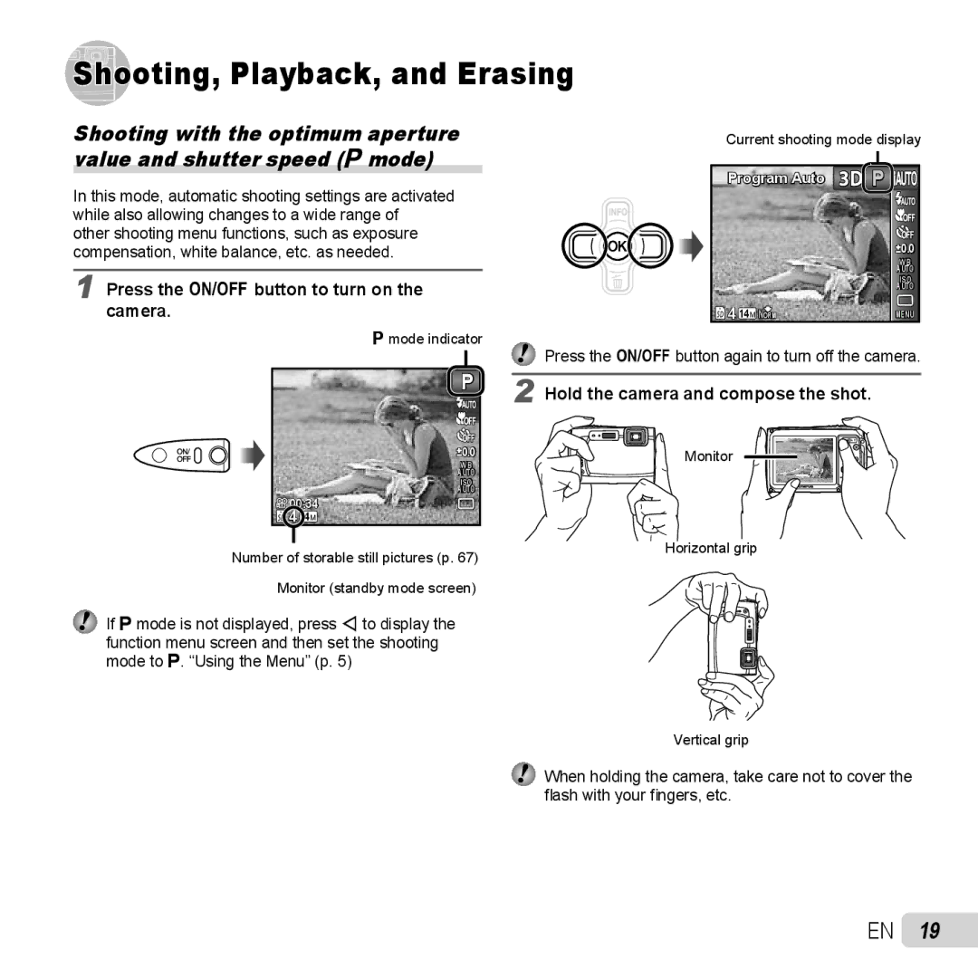 Olympus TG-320 instruction manual Shooting, Playback, and Erasing, Hold the camera and compose the shot 