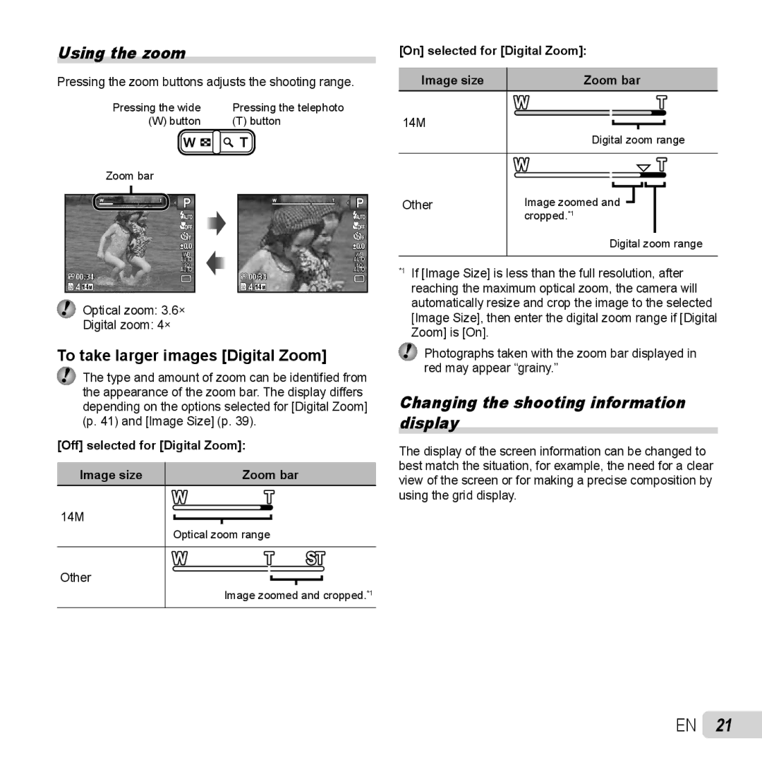 Olympus TG-320 Using the zoom, Changing the shooting information display, To take larger images Digital Zoom 