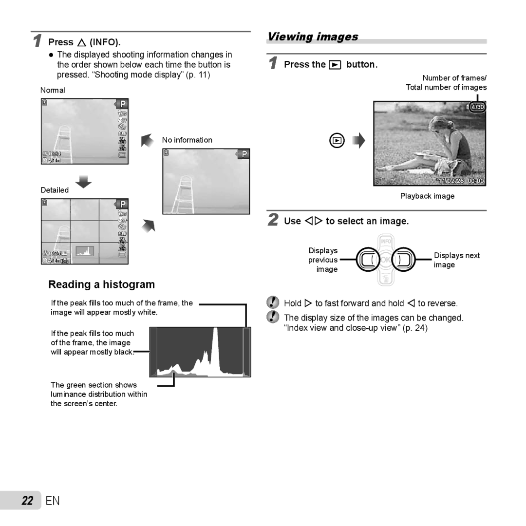 Olympus TG-320 instruction manual 22 EN, Viewing images, Reading a histogram 