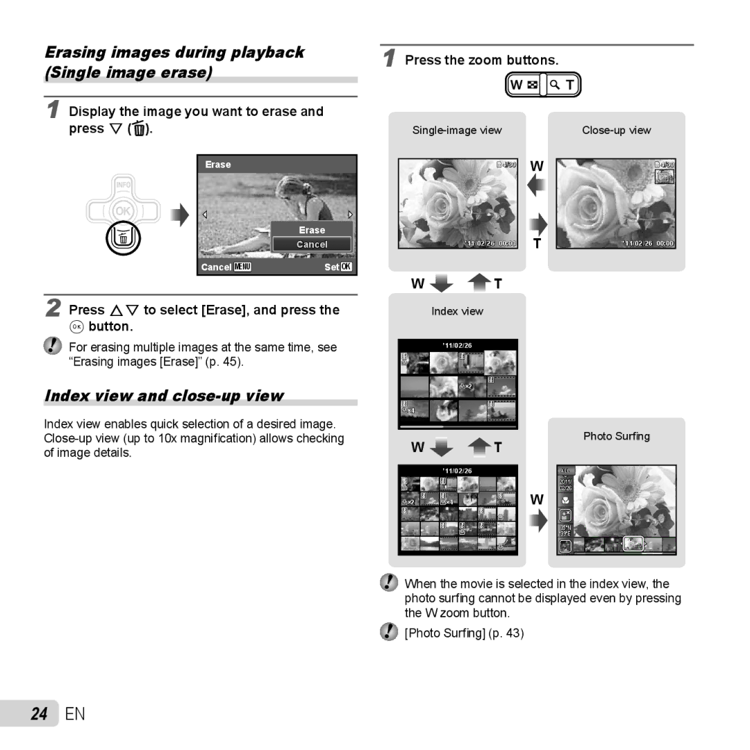 Olympus TG-320 instruction manual 24 EN, Index view and close-up view, Press FG to select Erase, and press Button 