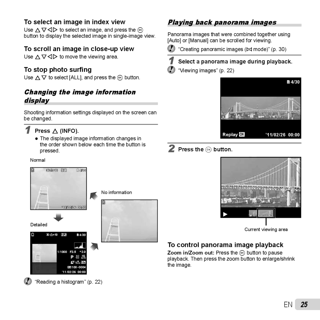 Olympus TG-320 instruction manual Changing the image information display, Playing back panorama images 