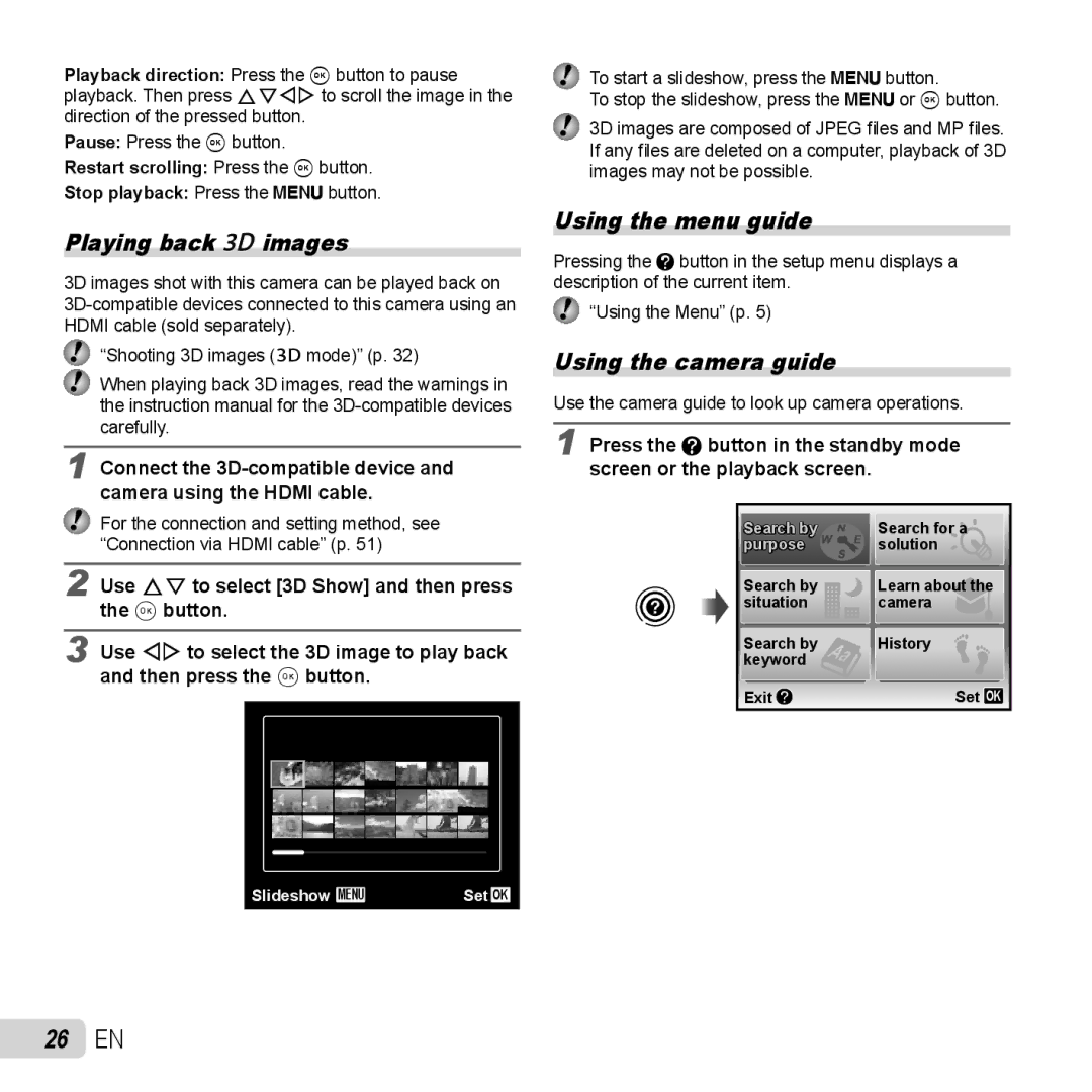 Olympus TG-320 instruction manual 26 EN, Playing back W images, Using the menu guide, Using the camera guide 