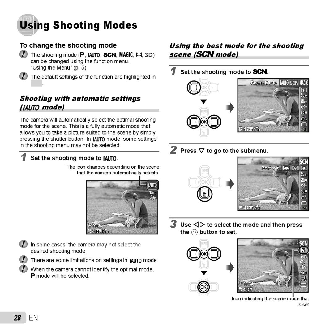 Olympus TG-320 Using Shooting Modes, 28 EN, Shooting with automatic settings Mmode, To change the shooting mode 