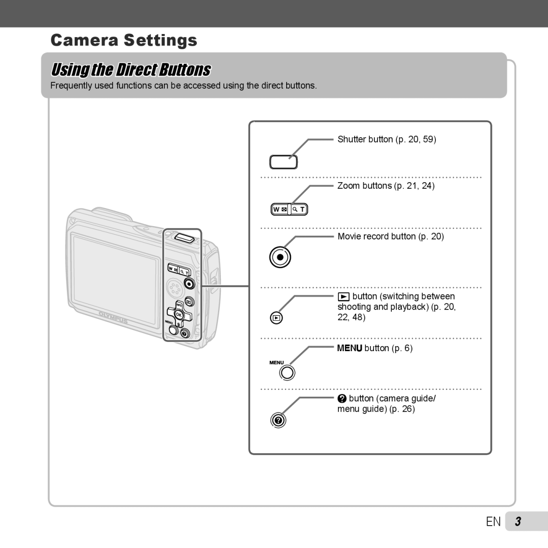 Olympus TG-320 instruction manual Using the Direct Buttons 