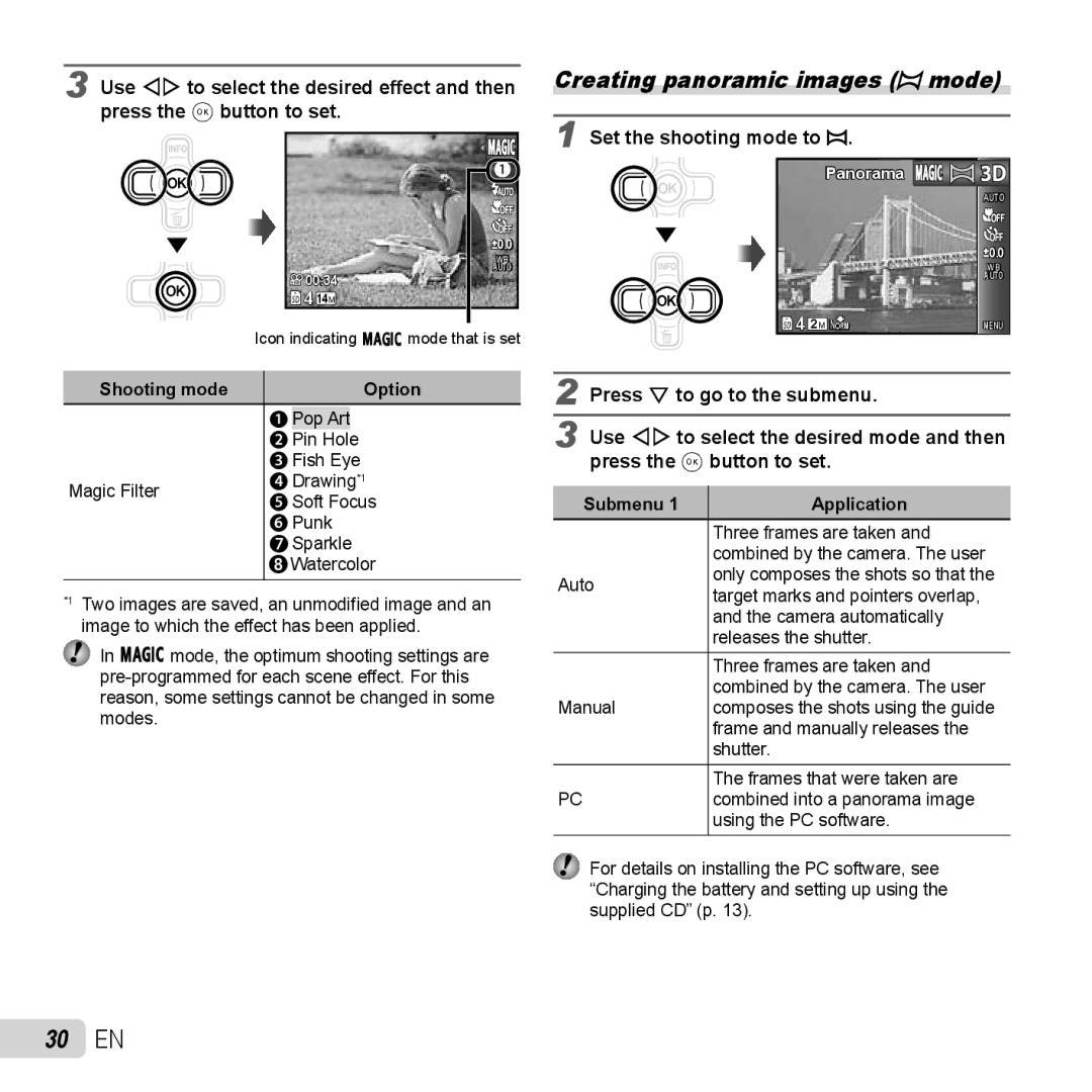 Olympus TG-320 instruction manual 30 EN, Creating panoramic images p mode, Shooting mode Option 