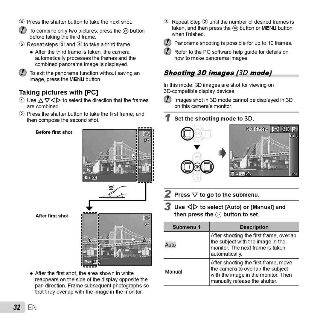 Olympus TG-320 instruction manual 32 EN, Shooting 3D images W mode, Taking pictures with PC, Set the shooting mode to W 