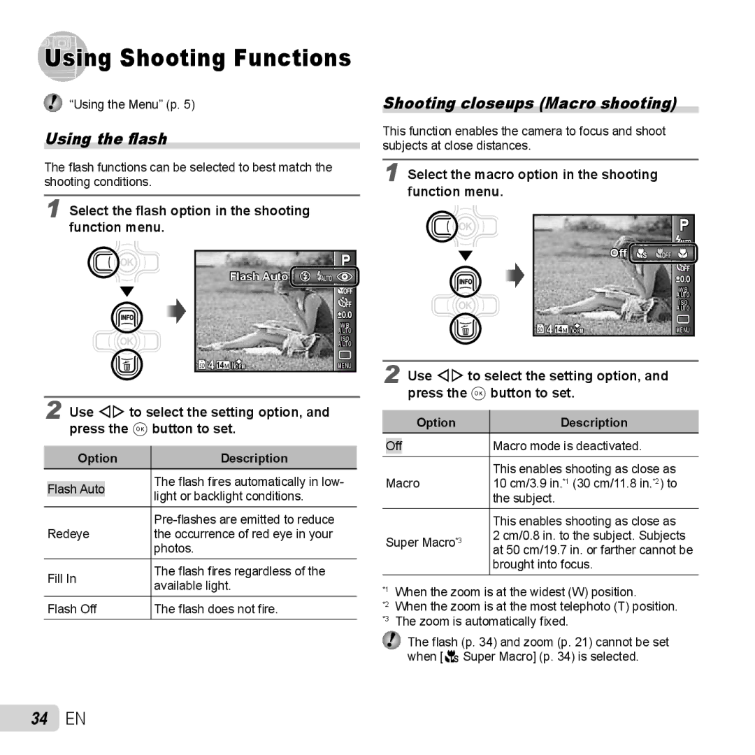 Olympus TG-320 instruction manual 34 EN, Using the ﬂash, Shooting closeups Macro shooting 