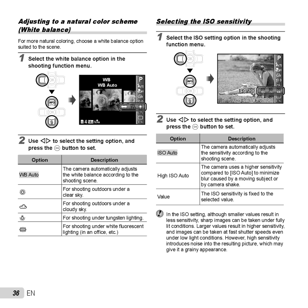 Olympus TG-320 instruction manual 36 EN, Adjusting to a natural color scheme White balance, Selecting the ISO sensitivity 