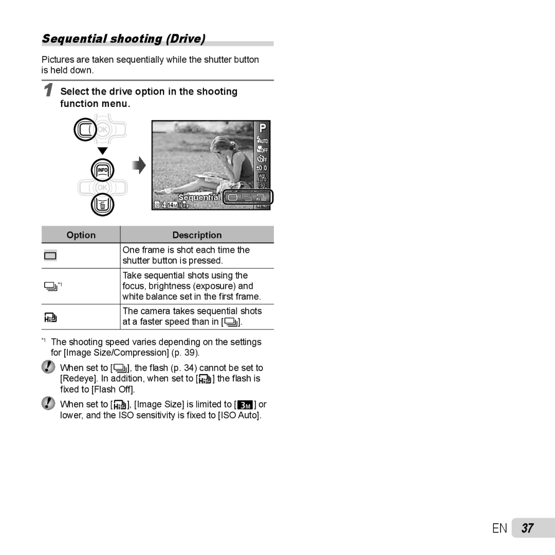 Olympus TG-320 instruction manual Sequential shooting Drive, Select the drive option in the shooting function menu 