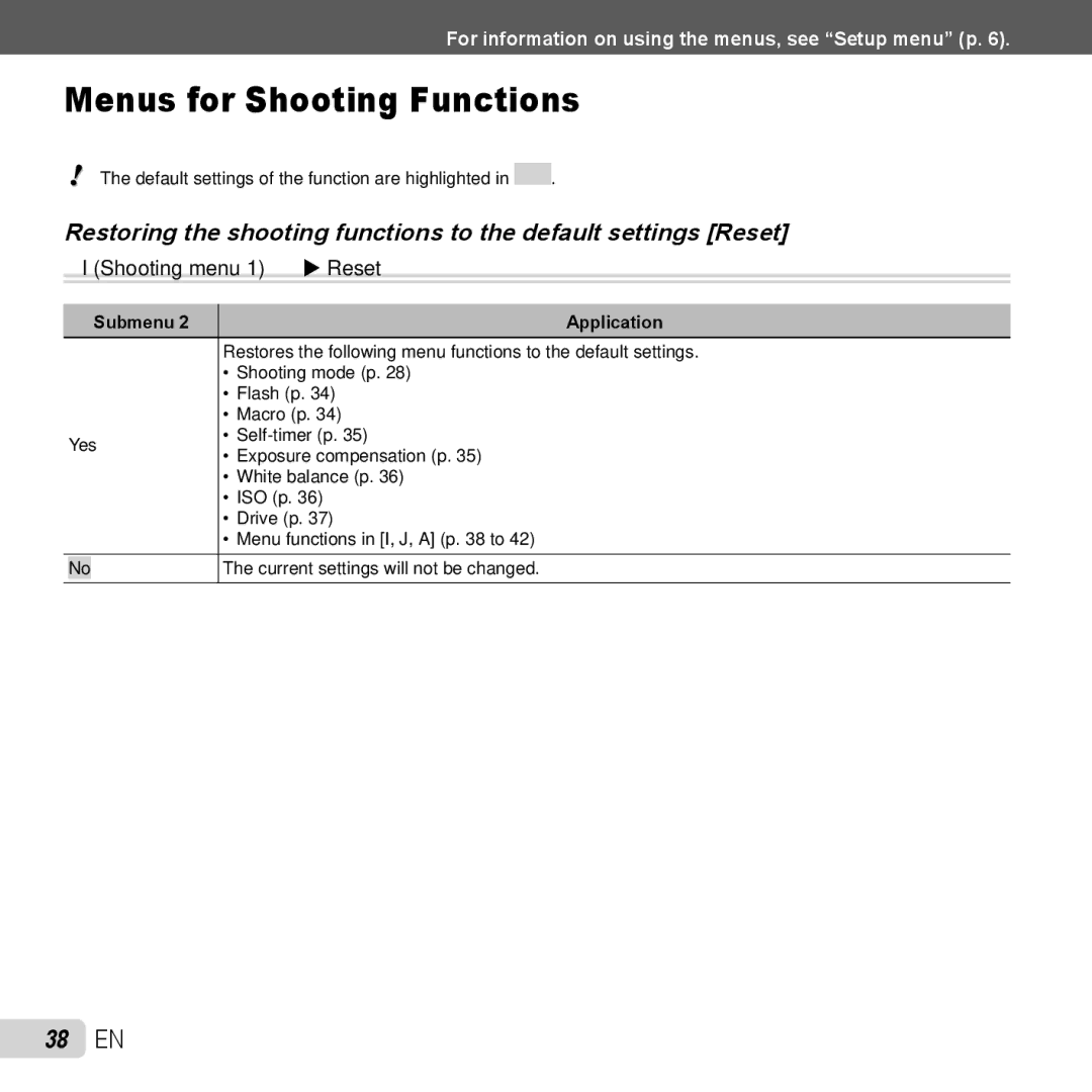 Olympus TG-320 instruction manual Menus for Shooting Functions, 38 EN, IShooting menu 1 X Reset 