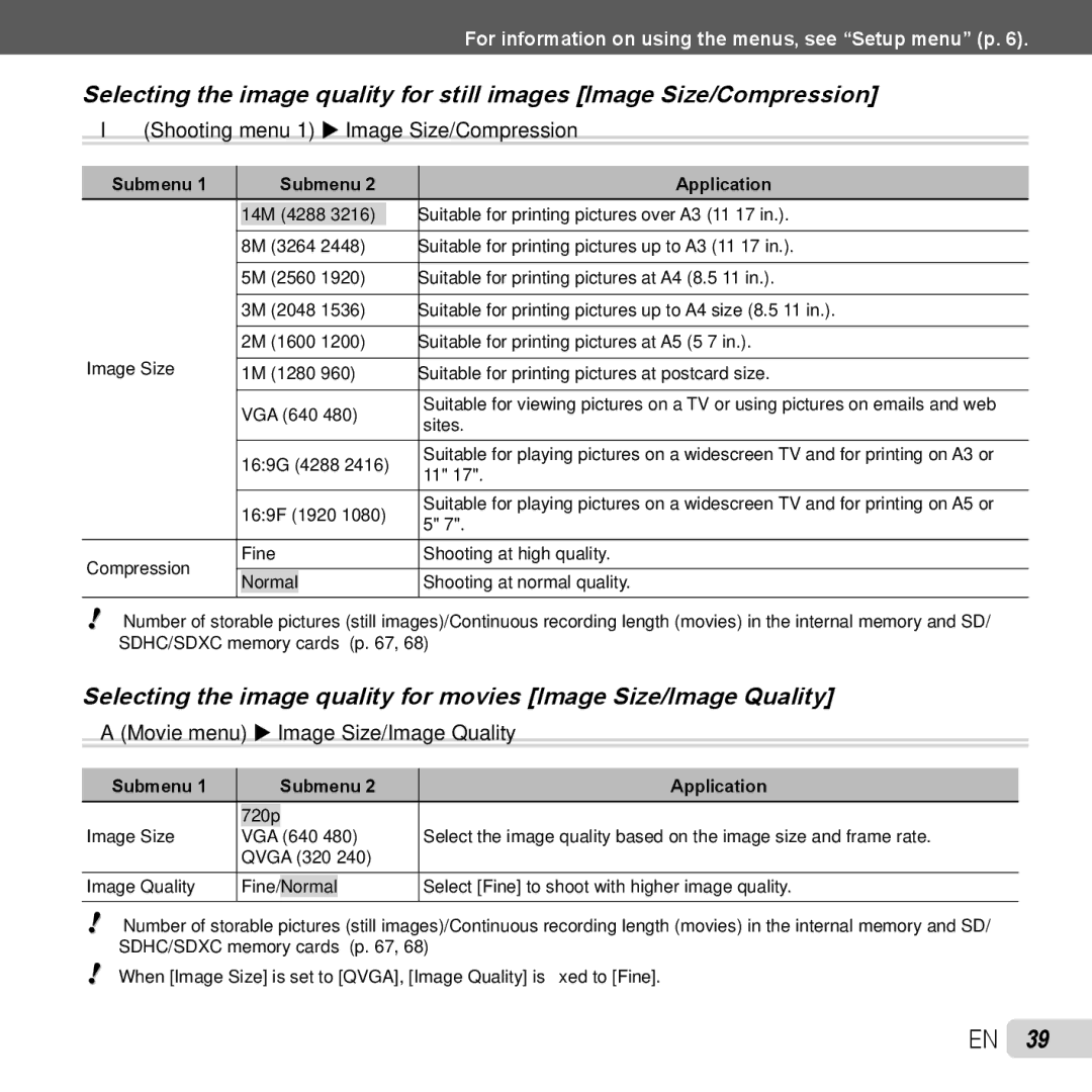 Olympus TG-320 instruction manual IShooting menu 1 X Image Size/Compression, Movie menu X Image Size/Image Quality 