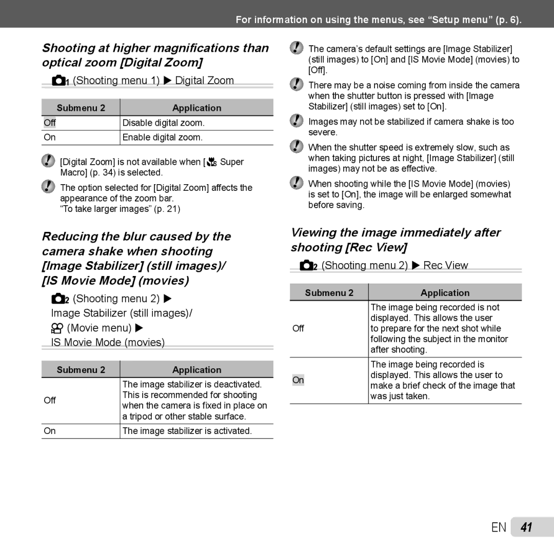 Olympus TG-320 instruction manual Viewing the image immediately after shooting Rec View, IShooting menu 1 X Digital Zoom 